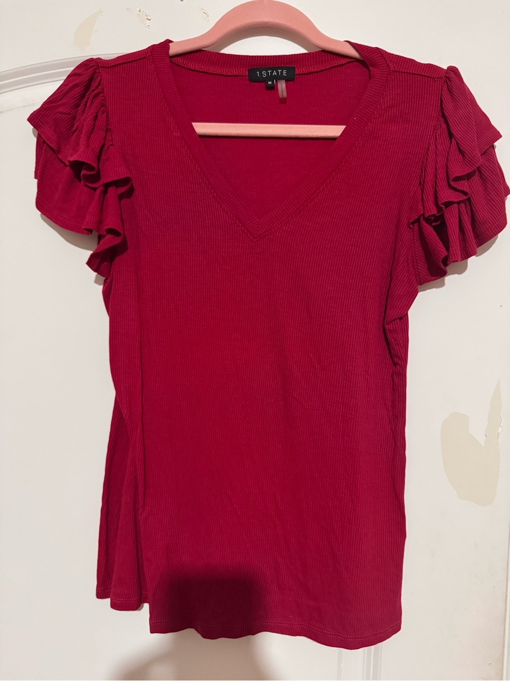 1. State Women's Raspberry Red V-Neck Ruffle Sleeve Tee
